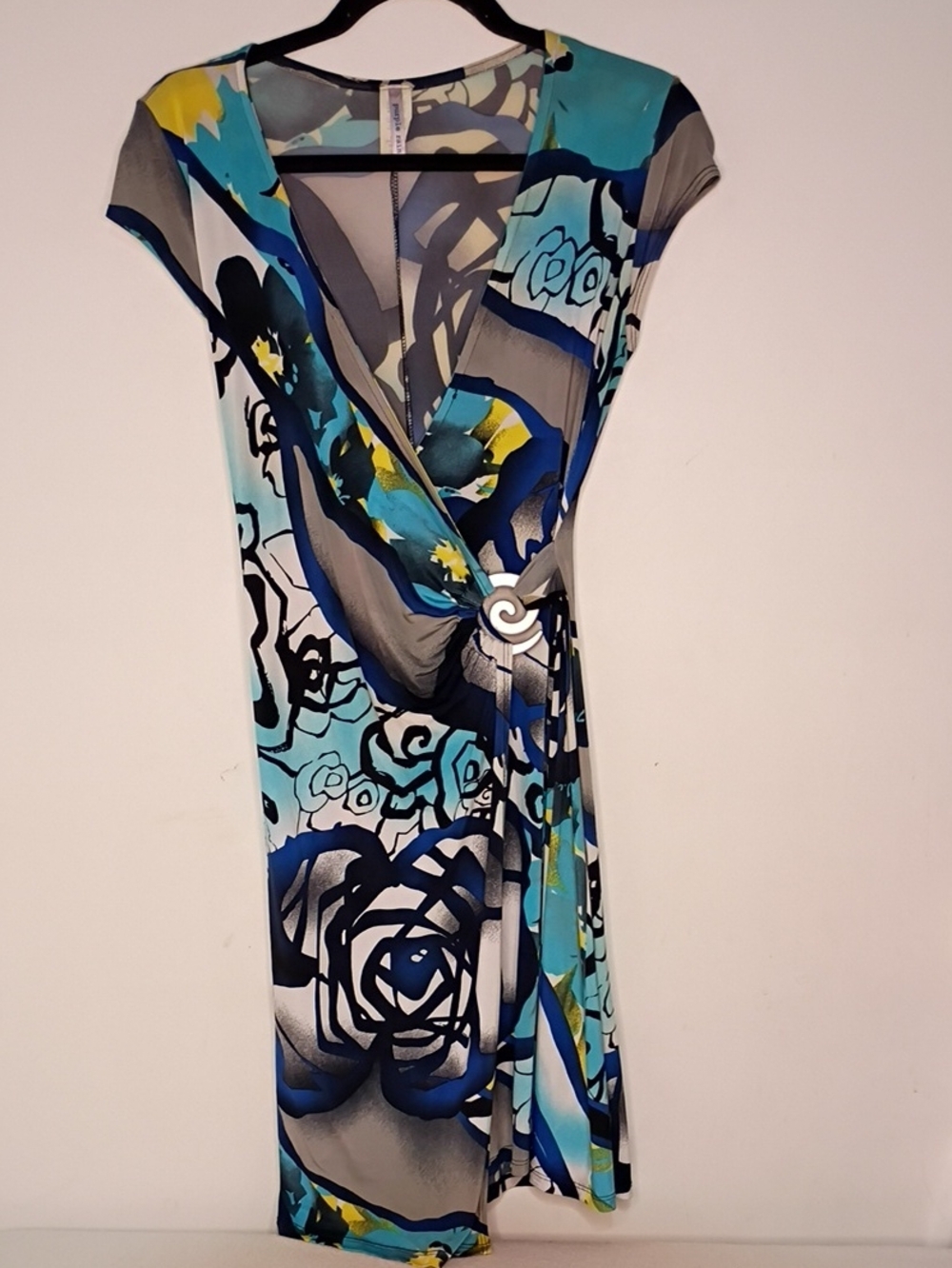 Abstract Floral Surplice Wrap Dress in Teal, Navy & Gray